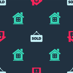 Set House under protection, Hanging sign with text Sold and on seamless pattern. Vector