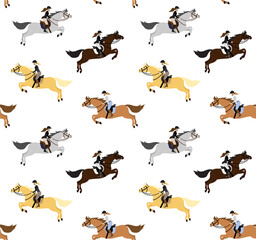 Vector seamless pattern of flat cartoon woman riding show jumping horse isolated on white background