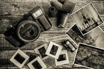 appareil photo argentique, diapositives, film 35 mm, tirages papier - obrazy, fototapety, plakaty