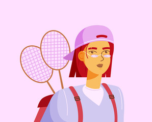 Active lifestyle concept. Young red haired girl in a pink cap is going to play badminton
