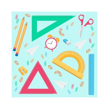 Set of rulers and protractor, back to school concept. Pencil, stationery iterms for schooling. Vector illustration, isolated objects.