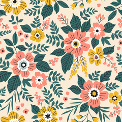 Fototapeta na wymiar Beautiful floral pattern in small abstract flowers. Small coral and yellow flowers. White background. Ditsy print. Floral seamless background. The elegant the template for fashion prints.