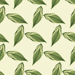 Geometric green leaf elements seamless pattern in doodle style. Light pastel background. Simple backdrop.