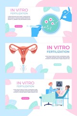 Extracorporeal in vitro fertilization, medical website landing banner, ivf modern technology to helping pregnancy flat vector illustration.