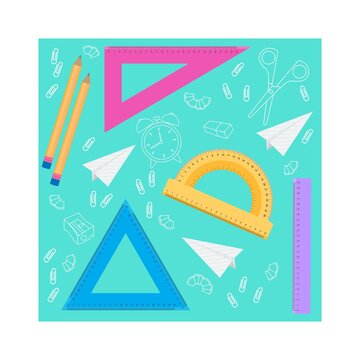 Set of rulers and protractor, back to school concept. Pencil, stationery iterms for schooling. Vector illustration, isolated objects.