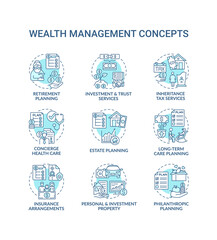 Wealth management concept icons set. Financial planning idea thin line RGB color illustrations. Estate, retirement planning. Insurance arrangements. Vector isolated outline drawings. Editable stroke