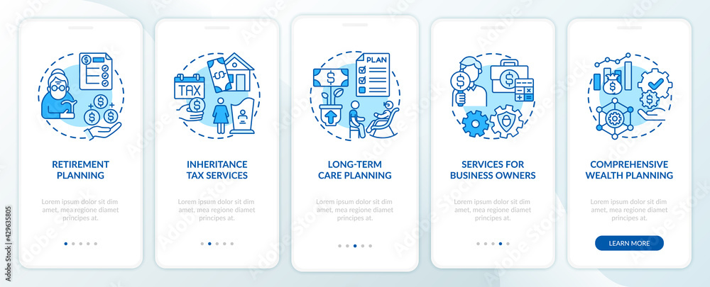 Poster prosperity management duties onboarding mobile app page screen with concepts. retirement planning wa