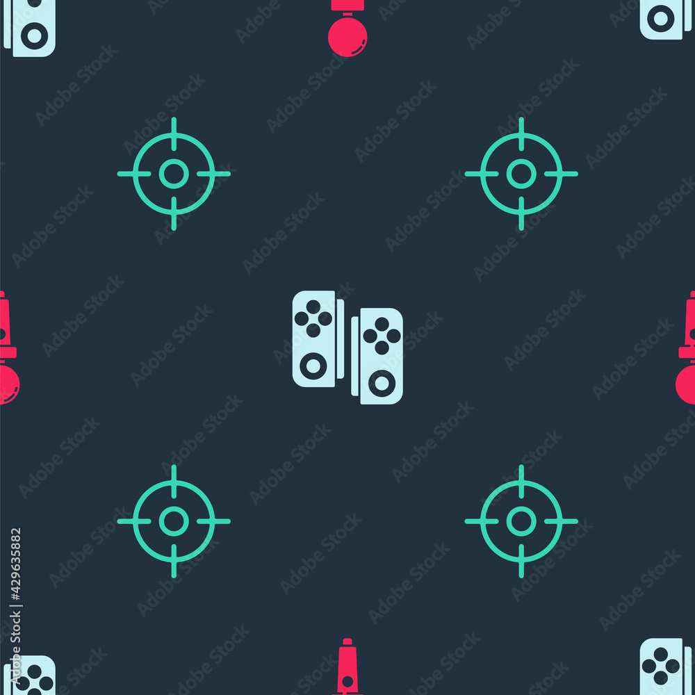 Poster set joystick for arcade machine, gamepad and target sport on seamless pattern. vector