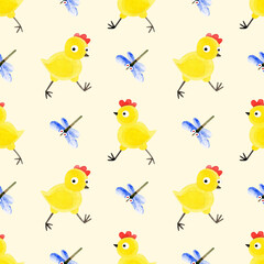 Seamless pattern of yellow chickens and dragonflies. Hand-drawn watercolor illustrations with birds on a light yellow background. For textiles, prints, packaging, wallpaper, children's design, Easter.