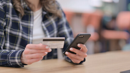 Online Payment on Smartphone by Female, Close up