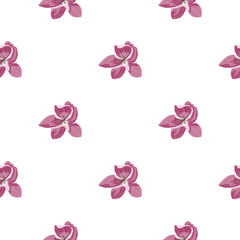 Decorative seamless pattern with isolated pink orchid flowers. Pink outline print.