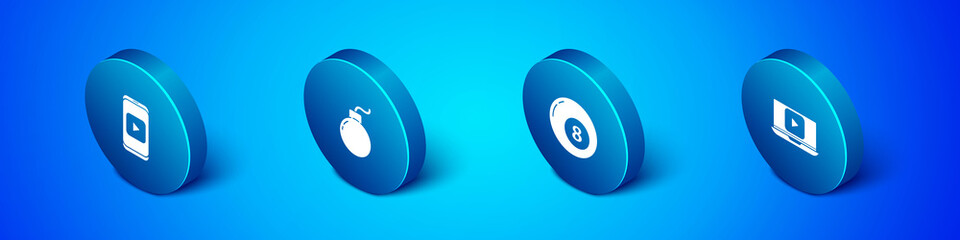 Set Isometric Online play video, Billiard pool snooker ball, and Bomb ready to explode icon. Vector