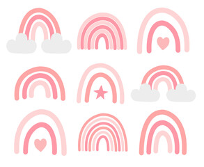 Vector set bundle of hand drawn doodle sketch pink boho rainbow isolated on white background