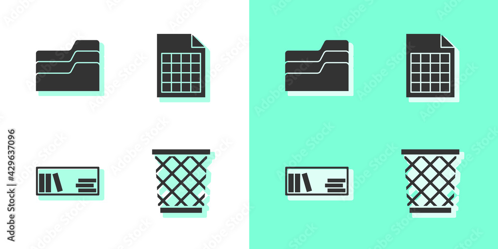 Aufkleber set trash can, document folder, shelf with books and file document icon. vector