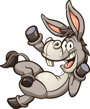Cartoon donkey or mule lying down and waving happy. Vector clip art illustration with simple gradients. All on a single layer. 
