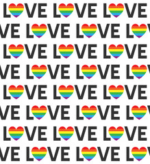 Vector seamless pattern of flat lgbt pride rainbow love lettering isolated on white background