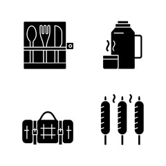 Outdoor social gathering black glyph icons set on white space. Picnic cutlery. Vacuum flask. Grilled sausages. Picnic blanket. Knives, spoons, forks. Silhouette symbols. Vector isolated illustration