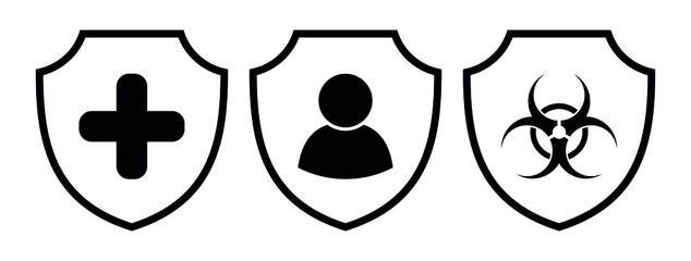 medical protection symbol, man safe, shield icons set, biohazard sign