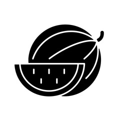 Watermelon black glyph icon. Serving fruit for picnic. Low-calorie treat. Body detoxification. Fighting dehydration. Cutting into pieces. Silhouette symbol on white space. Vector isolated illustration