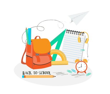 Set of rulers and protractor, back to school concept. School backpack, pencil, block note, clock, stationery items for schooling. Vector illustration, isolated objects.