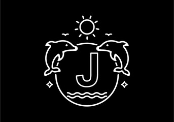 White black line art illustration of J initial name in dolphins frame