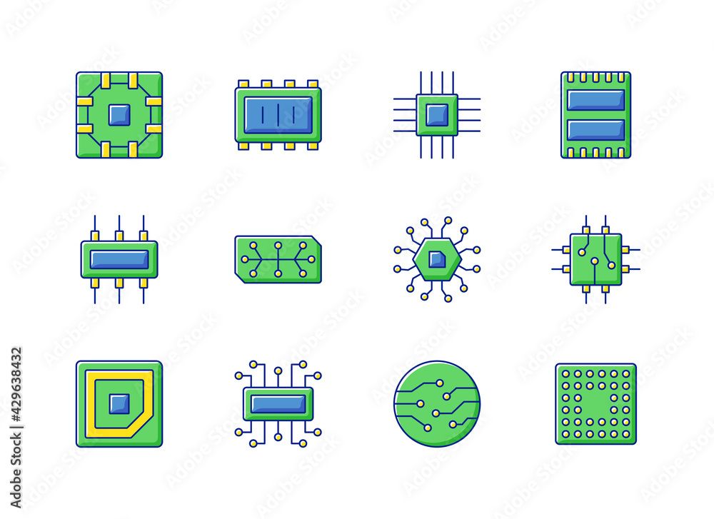 Poster microcircuits rgb color icons set. designing modern microcomponents for device creation. building el