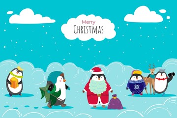 Cute character penguin preparing merry christmas time, winter xmas period scene celebration gift card flat vector illustration.