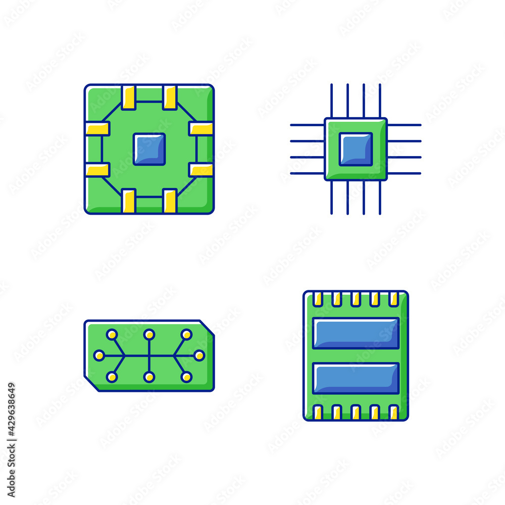 Poster microcircuits rgb color icons set. computer device ports for connecting devices. stable connection b