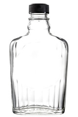 Прозрачная бутылка с пластиковой завинчивающейся пробкой, изолированной на белом фоне.