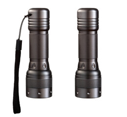 Modern portable LED torch. Set of images isolated on a white background.