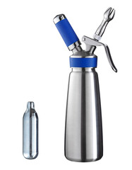 Metal siphon and gas can for making whipped cream. Isolated on white background.