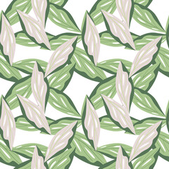 Random foliage seamless pattern with lilac and green colored leaf elements. Isolated botanic print.