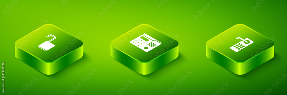 Poster set isometric house intercom system, digital door lock and open padlock icon. vector