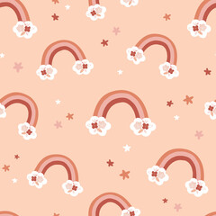 Nahtloses Muster des Baby-Boho-Blumenregenbogenvektors. Dekorativer Hintergrund der kindlichen, winzigen, blumigen Wolkengänseblümchenblume mit Bogen. Böhmisches Ditsy himmlisches Blütendruckdesign in warmen Farben