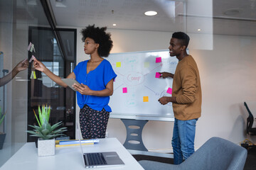 Diverse male and female colleagues sticking memo notes on glass wall and whiteboard in background