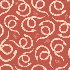 Modern folksy floral snake seamless vector pattern. Boho ornate mystic animal reptile illustration in earthy warm palette print design. Bohemian desert vibes textile fabric decor print