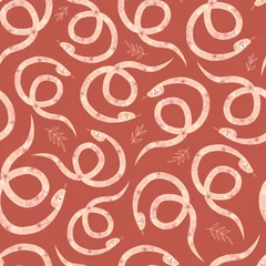 Wall murals Bestsellers Modern folksy floral snake seamless vector pattern. Boho ornate mystic animal reptile illustration in earthy warm palette print design. Bohemian desert vibes textile fabric decor print