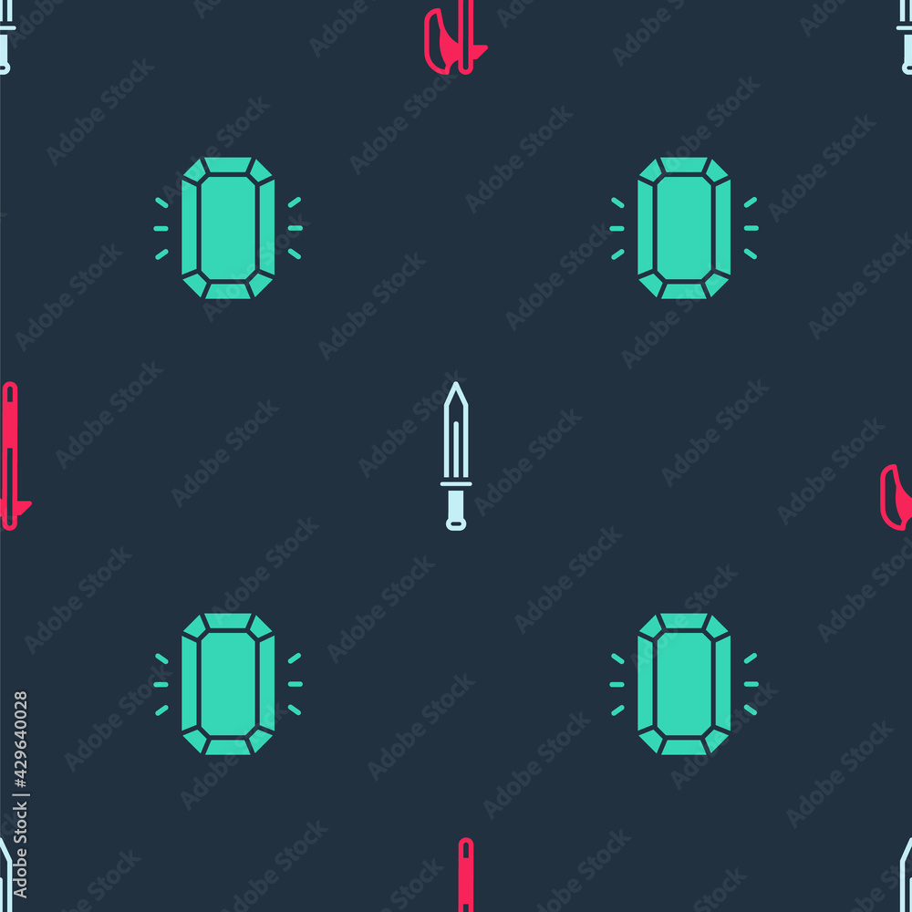 Poster set medieval axe, sword and diamond on seamless pattern. vector