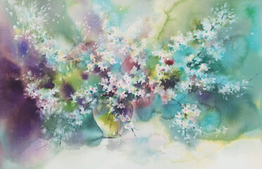Fototapeta na wymiar White sakura in bloom watercolor background. Spring flowering illustration
