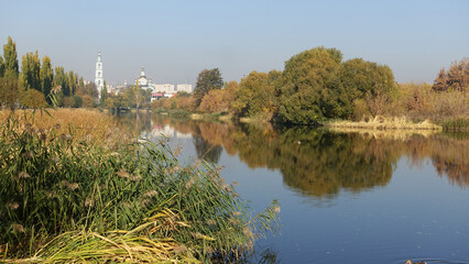 Fototapeta premium Landscape with the Tsna river in Tambov on a sunny day