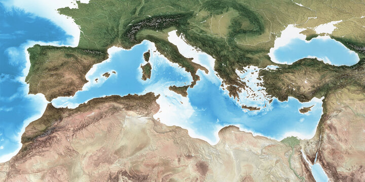 Physical map of Mediterranean region, with high resolution details. Flattened satellite view of Planet Earth and its topography. 3D illustration - Elements of this image furnished by NASA