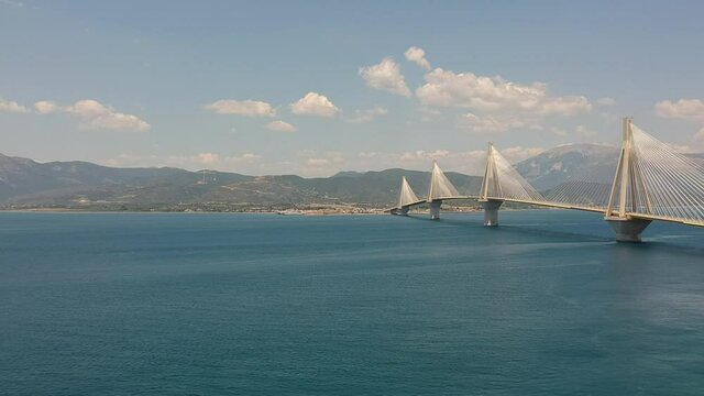 Aerial view of Rio Antirrio or Charilaos Trikoupis Bridge near Patra City, Greece