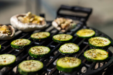 veal meat, salmon and zucchini on garden grill with charcoal