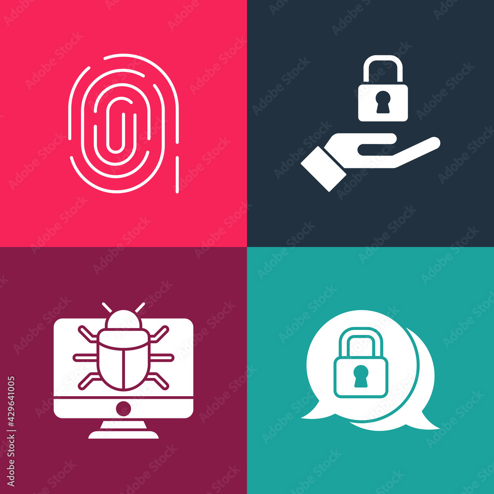 Poster set pop art cyber security, system bug on monitor, lock in hand and fingerprint icon. vector