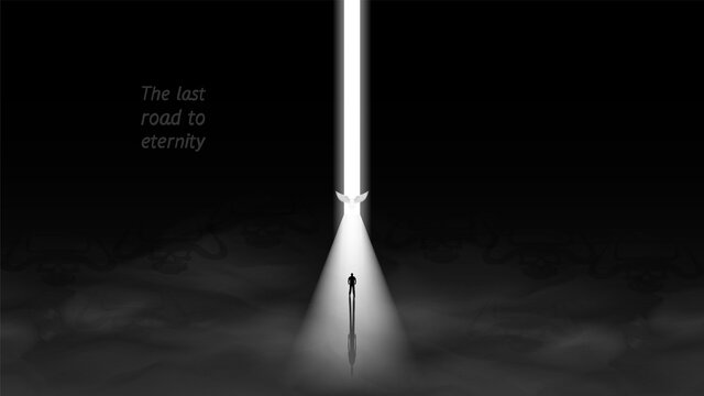 The last road to eternity. Black and white poster. A silhouette of a man, a shadow on a bright glowing white stripe. Light angel with wings and dark skulls with horns