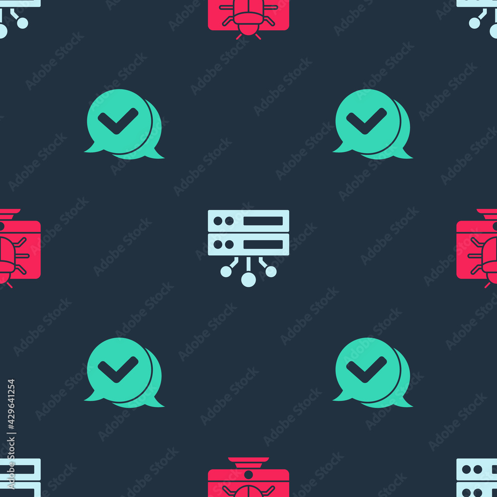 Poster set system bug on monitor, server, data, web hosting and check mark speech bubble on seamless patter