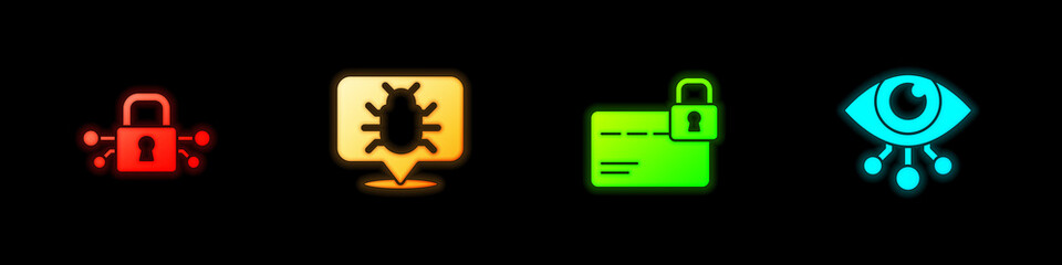 Obraz premium Set Cyber security, System bug, Credit card with lock and Eye scan icon. Vector