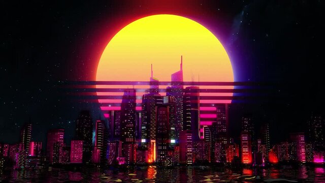 Zooming in on a large moon above night city animation, retrowave, sythwave