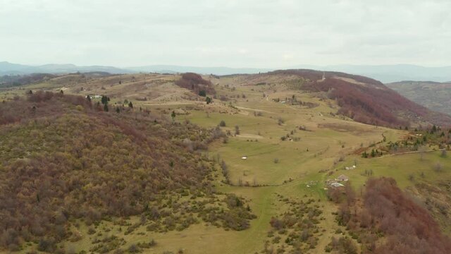 Aerial landscape. Autumn scenery of the hills on an overcast day. Tutin, Raska