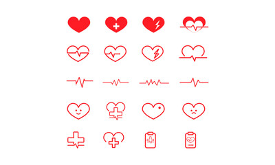 Heart vector icons. Set of heartbeat vector icons. Symbol cardiogram heart logo in linear style. Heart care set icons